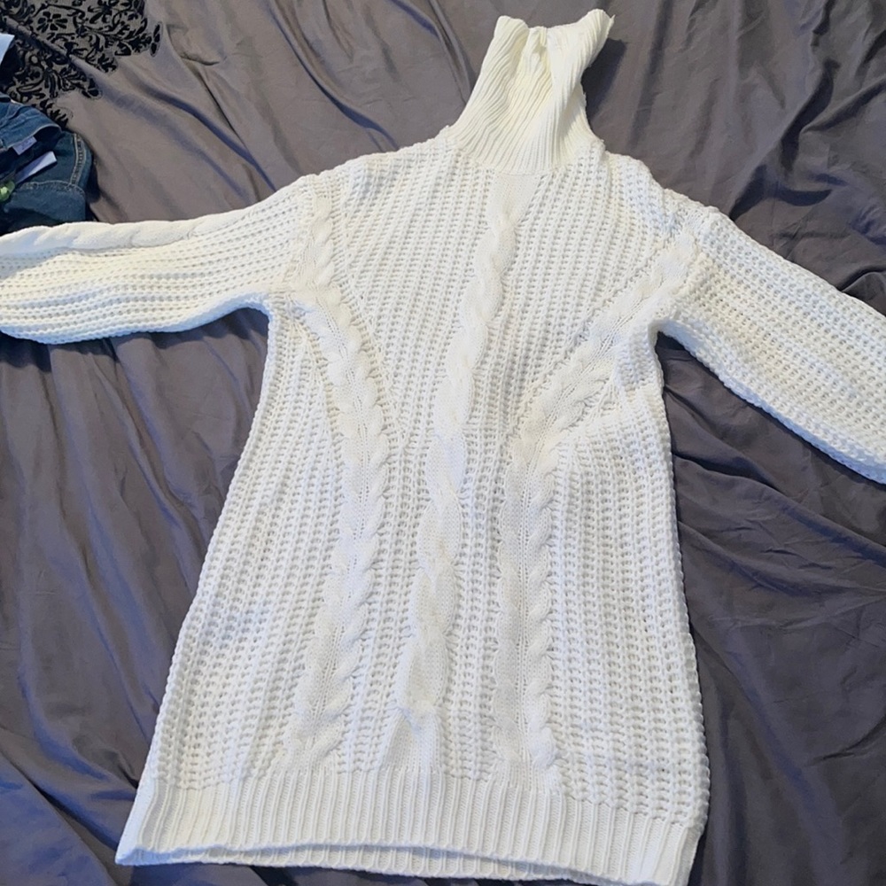 Cream Turtle Neck Mini Sweater Dress